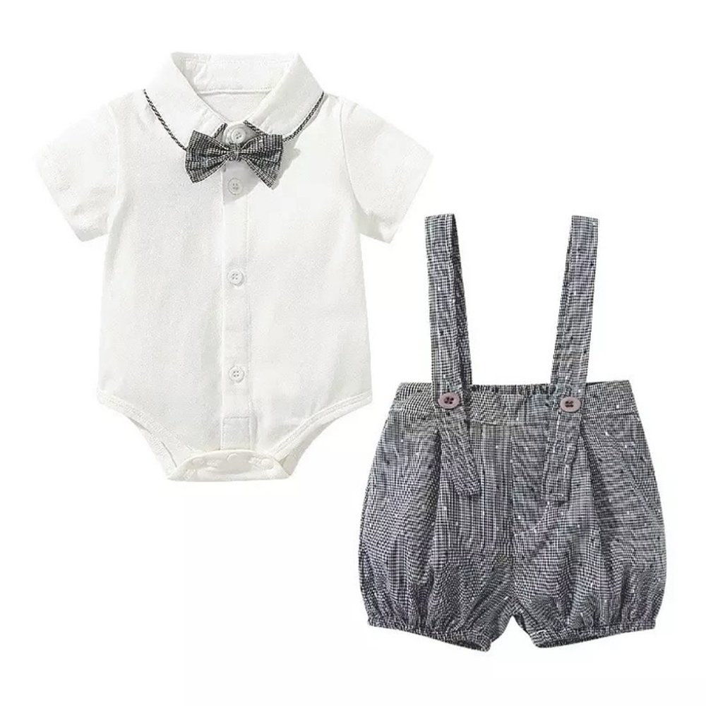 Baby Boy Romper, Suspender Shorts and Bowtie 3pcs Outfit